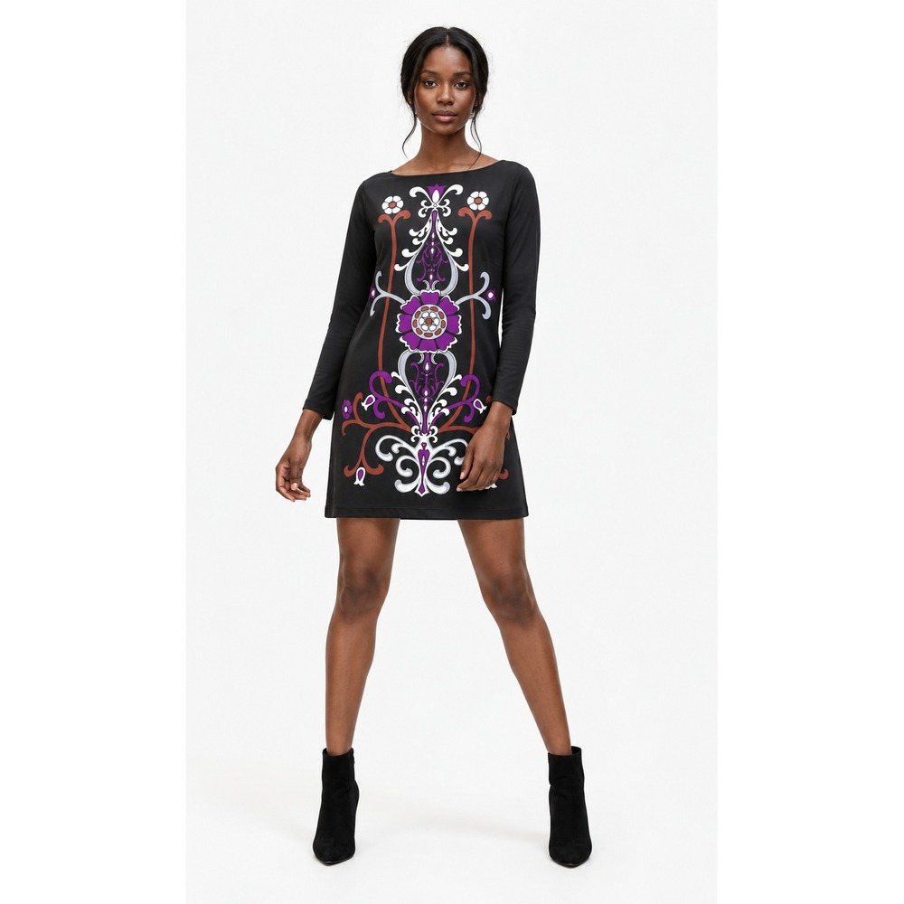 Tibi Shift Dress Black Floral Medallion Print 3/4 Sleeve Sz S Retro Boho Artsy